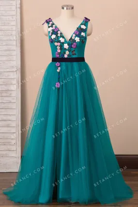 3D Flowers Butterflies Embellished Teal Formal Dress