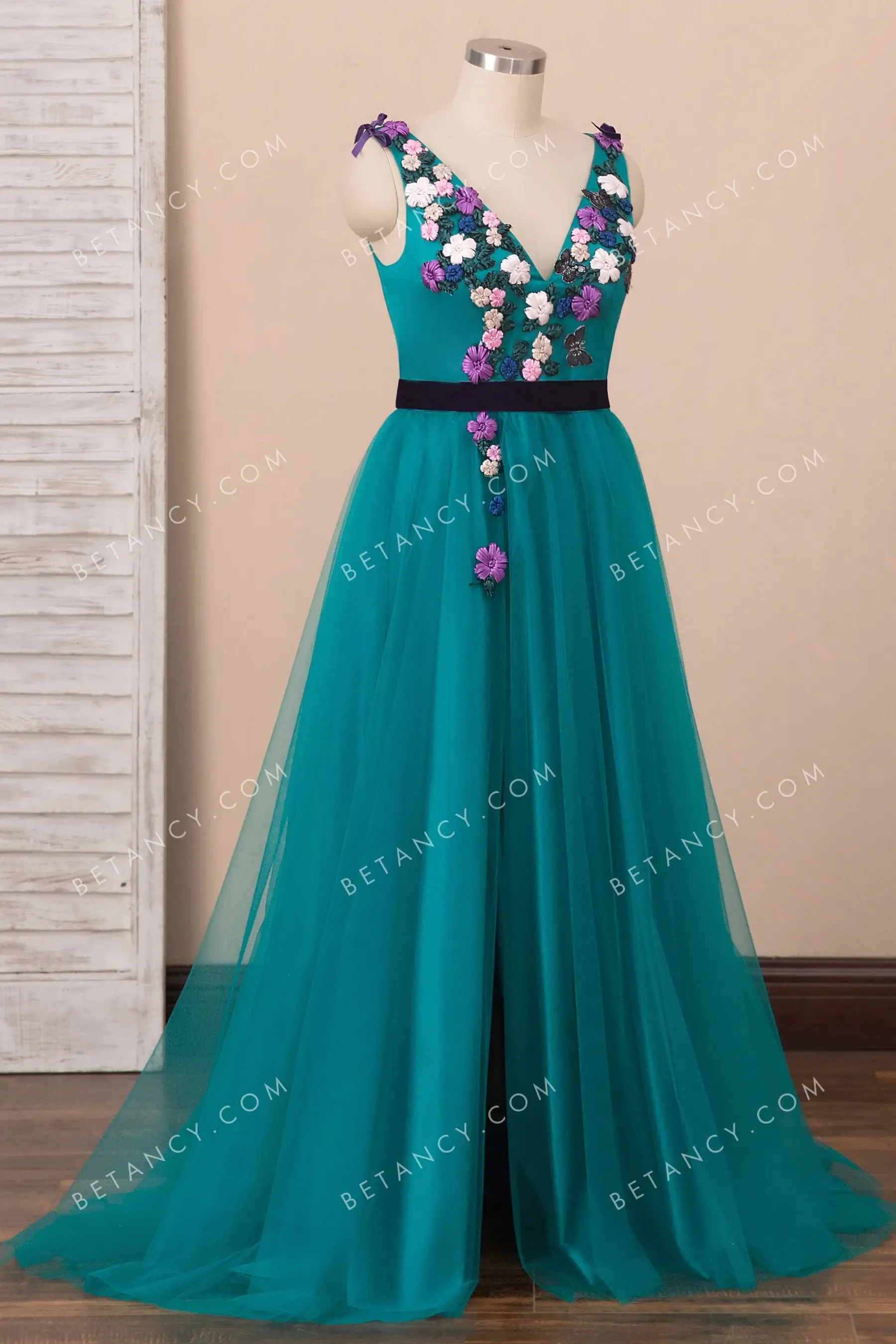 3D Flowers Butterflies Embellished Teal Formal Dress