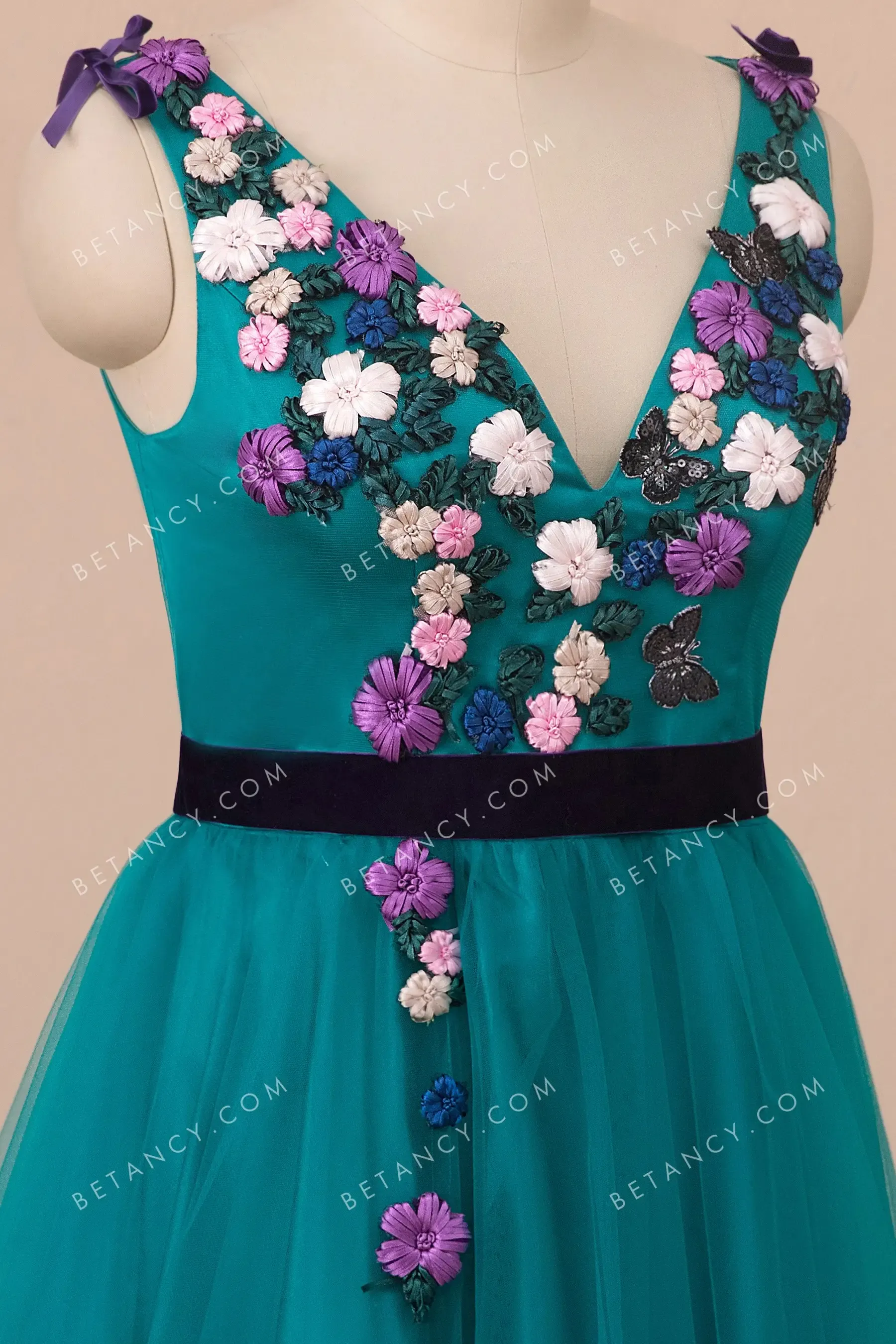 3D Flowers Butterflies Embellished Teal Formal Dress