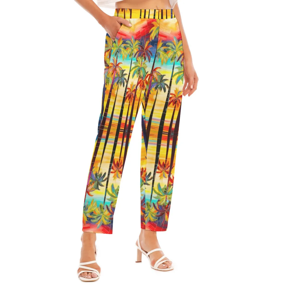 All-Over Print Women's Loose Straight-leg Pants summer Palm