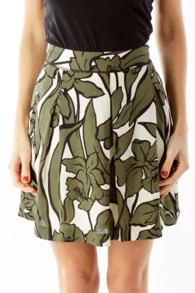 Army Green Cream Pocketed Flower Print Skirt