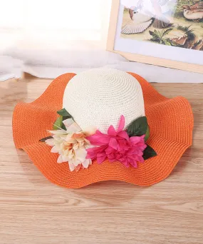 Art Orange Floral Straw Woven Floppy Sun Hat LY526