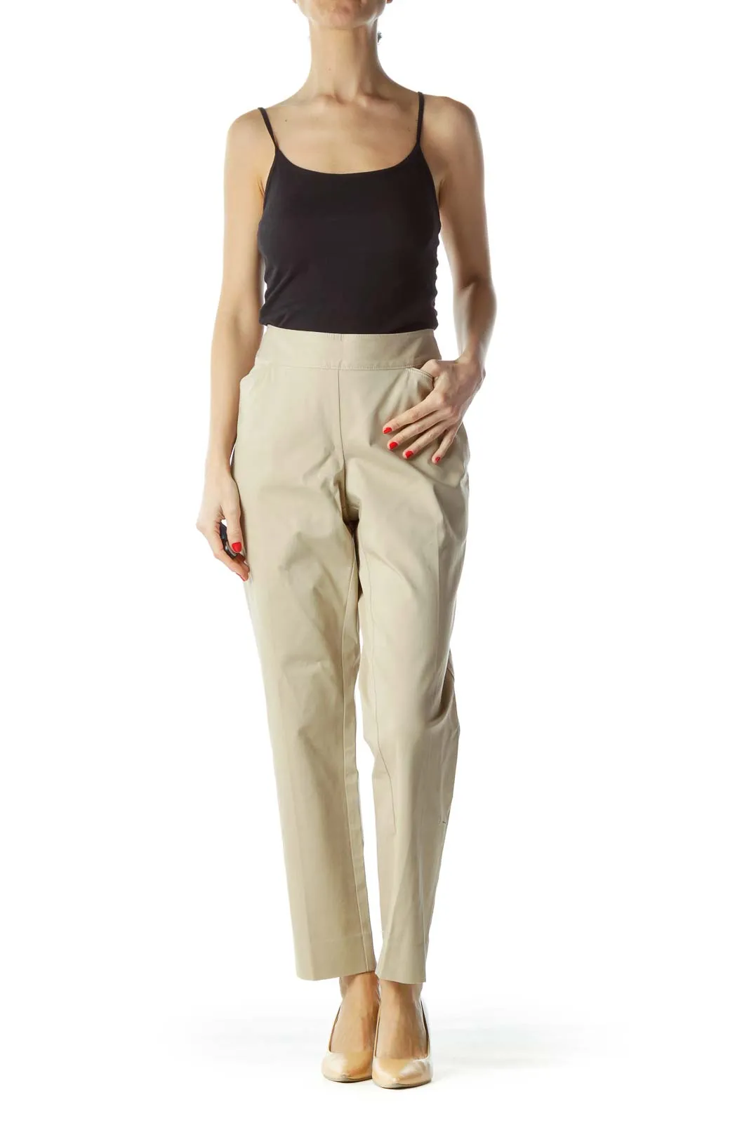 Beige Classic Straight-Leg Pants