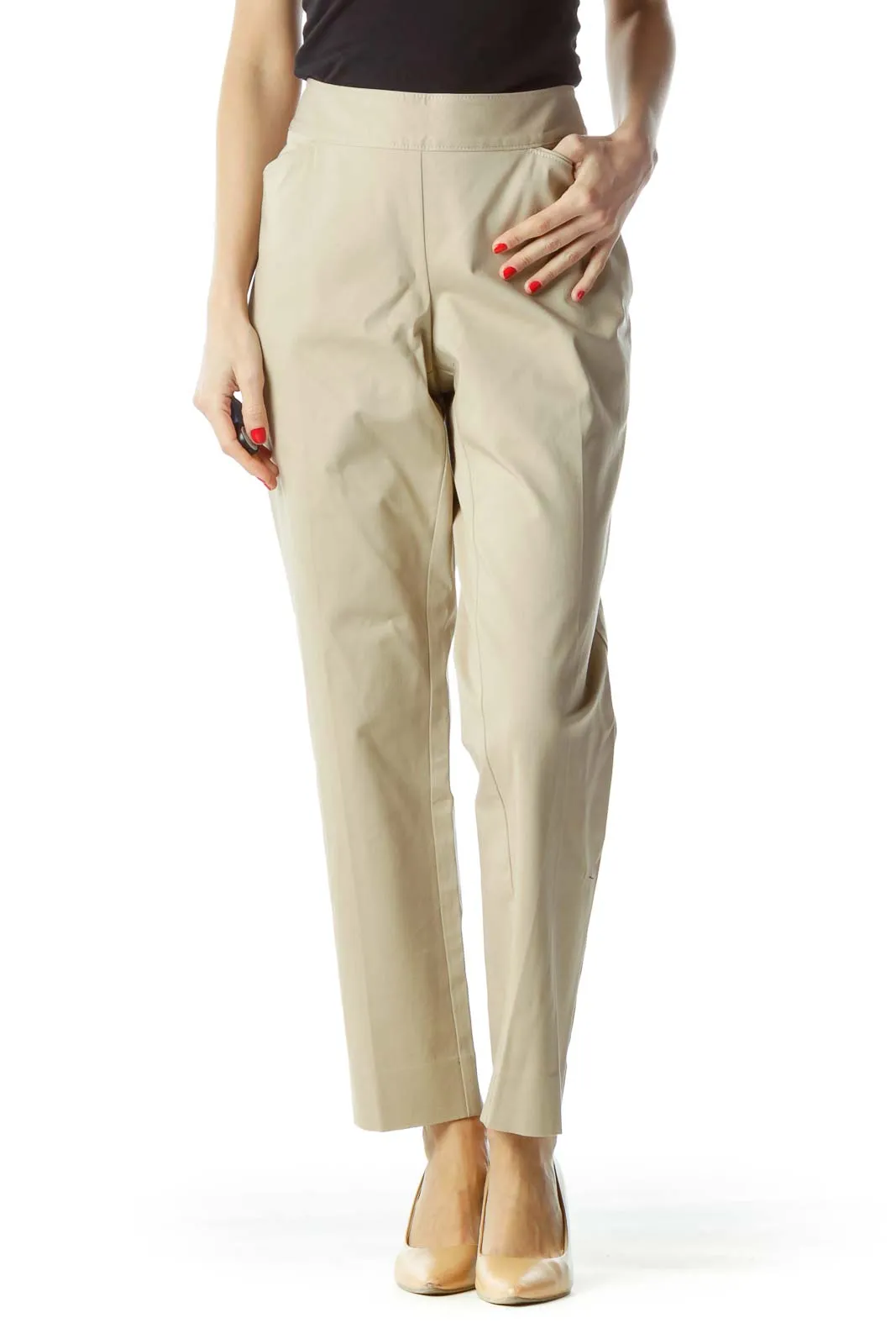 Beige Classic Straight-Leg Pants