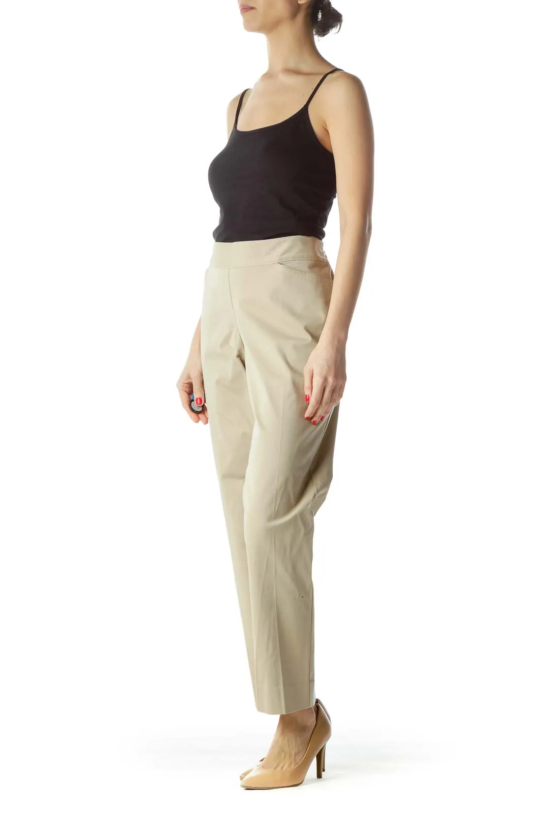 Beige Classic Straight-Leg Pants