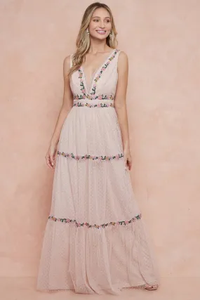 Beige Embroidered Tulle Polka Dot Maxi Dress