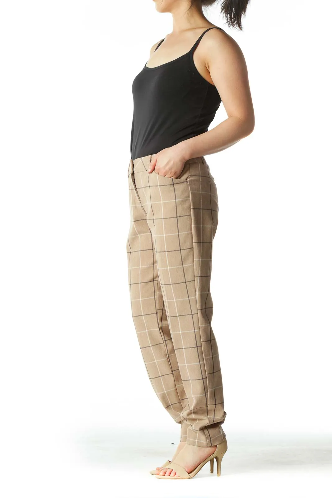 Beige Windowpane Straight Leg Pants