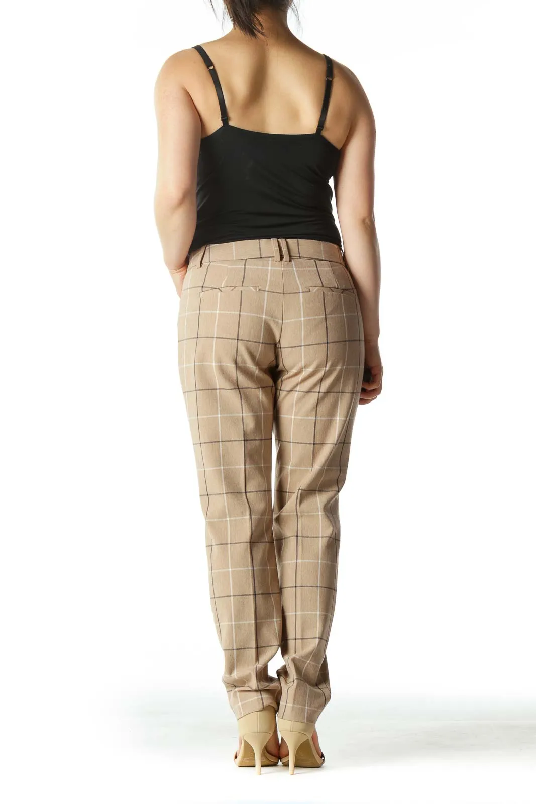 Beige Windowpane Straight Leg Pants