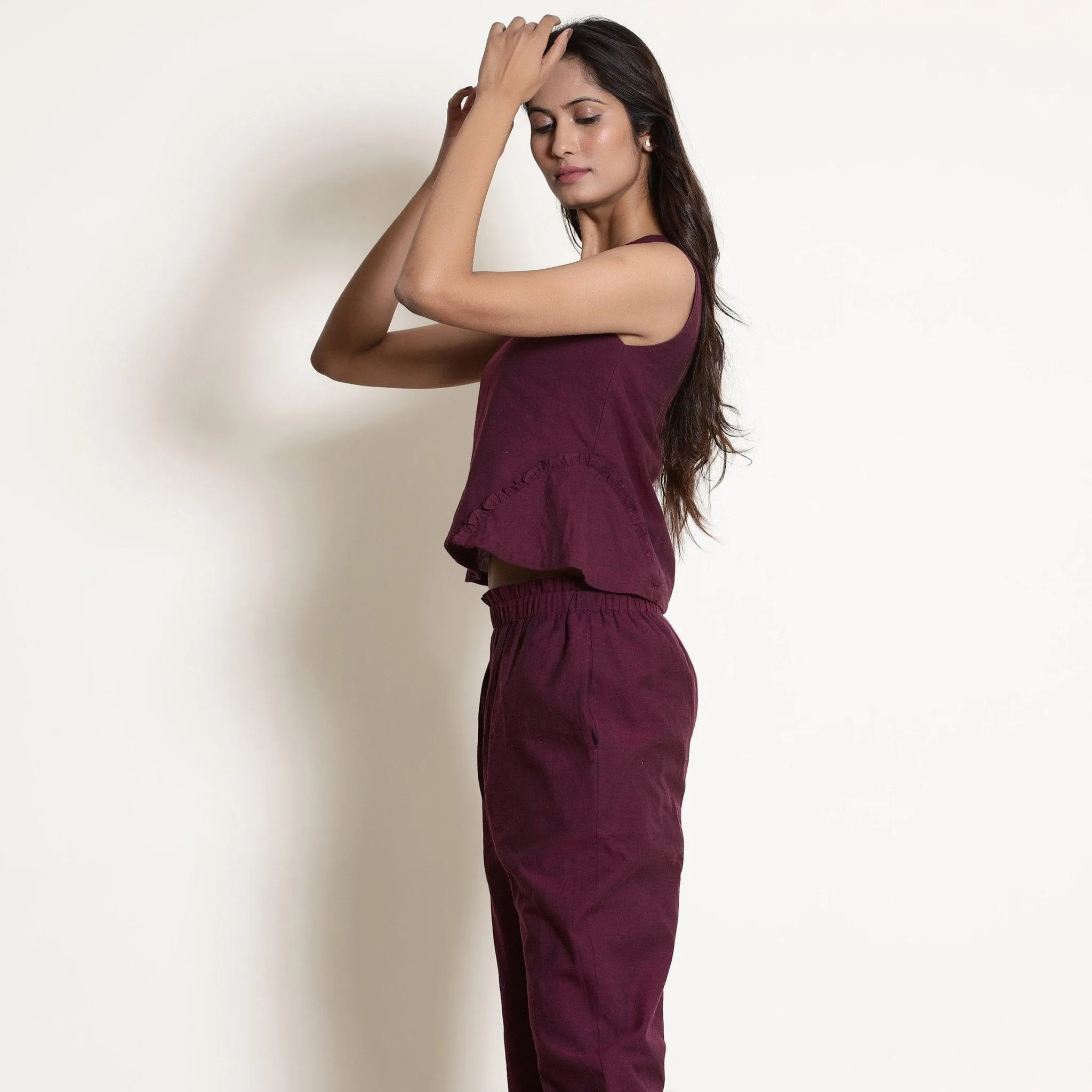 Berry Wine Warm Frilled Sleeveless Top and Cotton Tapered Pant Co-ord Set