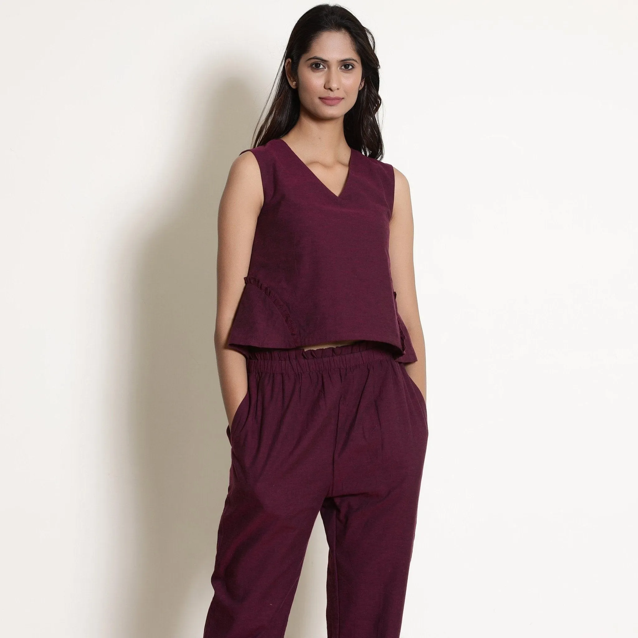 Berry Wine Warm Frilled Sleeveless Top and Cotton Tapered Pant Co-ord Set