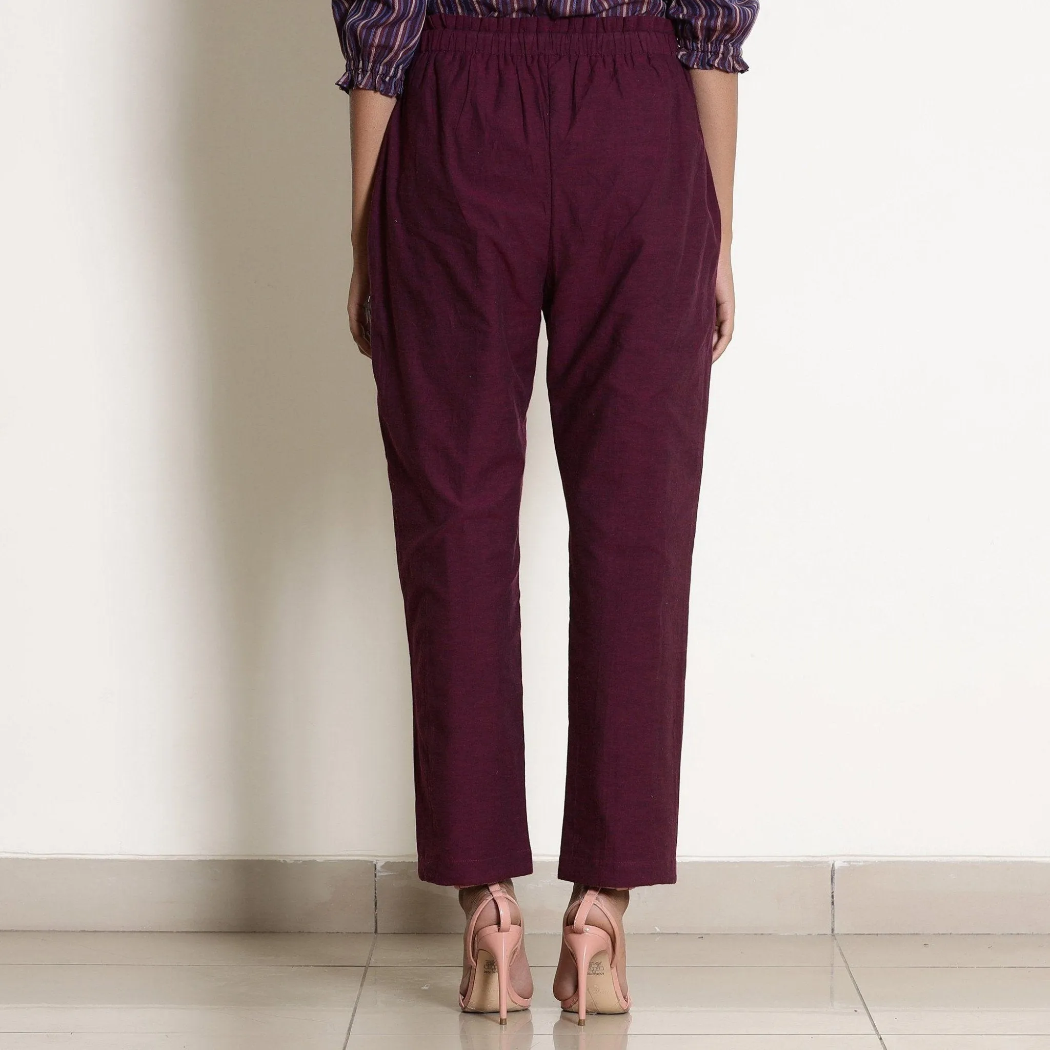 Berry Wine Warm Frilled Sleeveless Top and Cotton Tapered Pant Co-ord Set