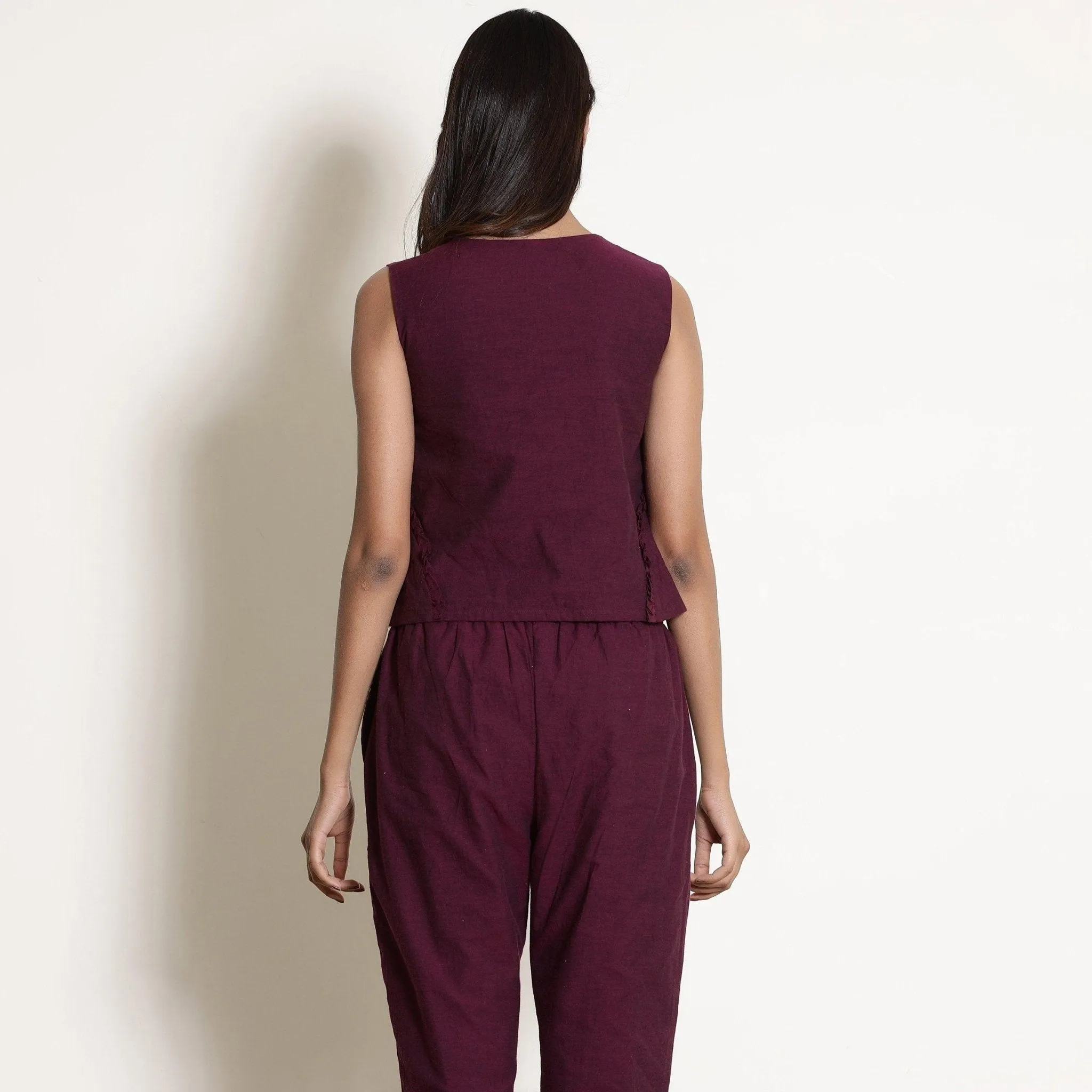 Berry Wine Warm Frilled Sleeveless Top and Cotton Tapered Pant Co-ord Set