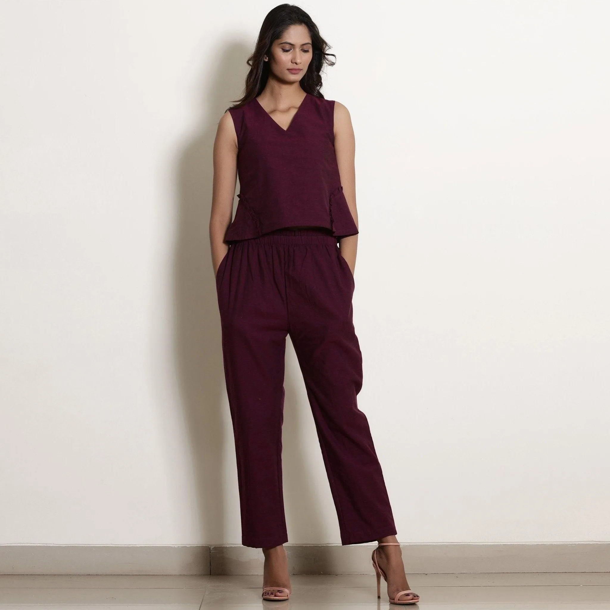 Berry Wine Warm Frilled Sleeveless Top and Cotton Tapered Pant Co-ord Set