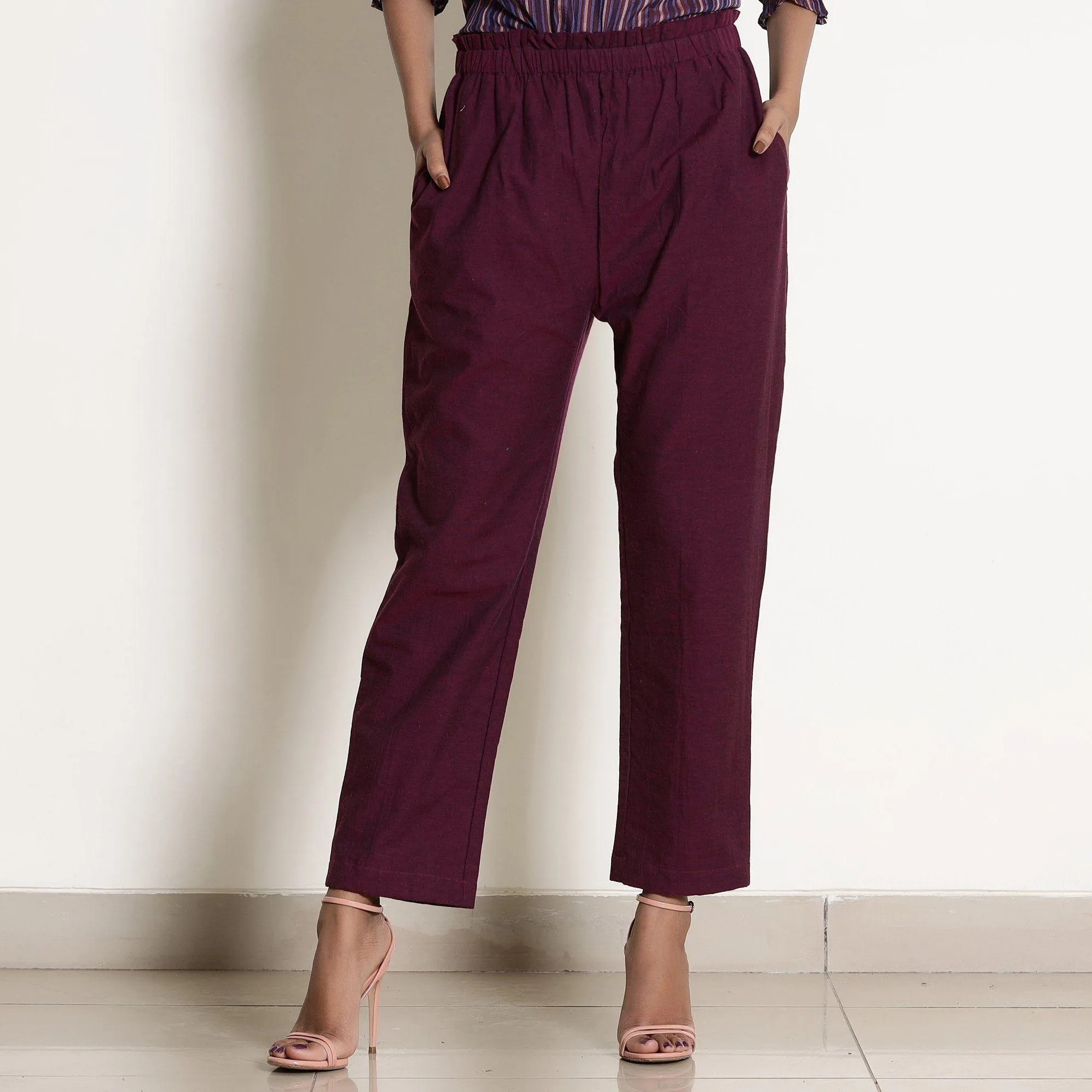 Berry Wine Warm Frilled Sleeveless Top and Cotton Tapered Pant Co-ord Set