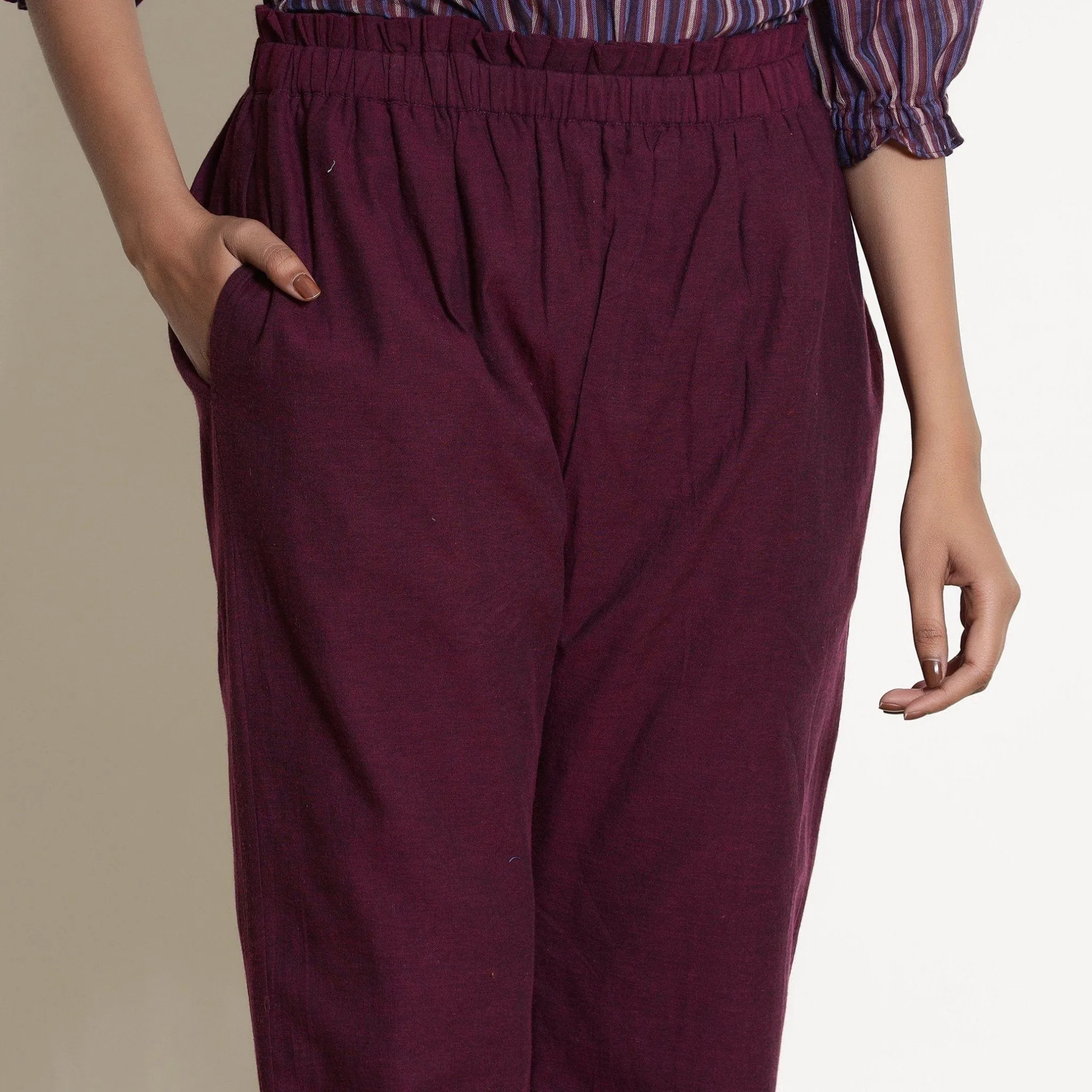 Berry Wine Warm Frilled Sleeveless Top and Cotton Tapered Pant Co-ord Set