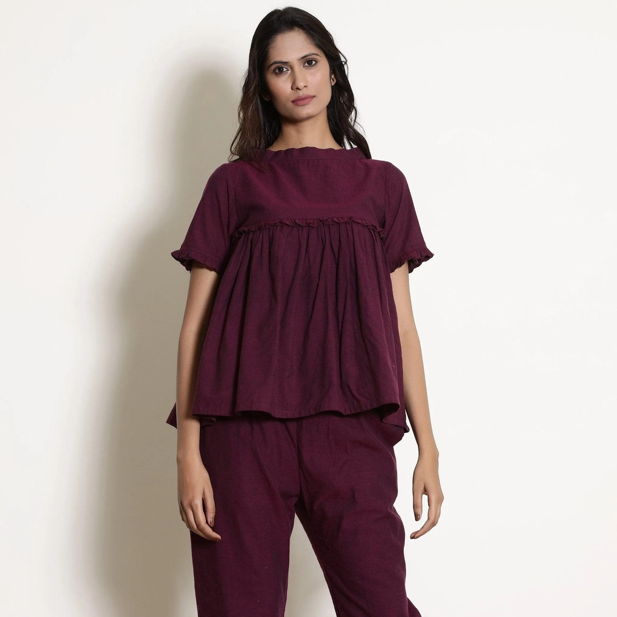 Berry Wine Warm Frilled Top and Cotton Tapered Pant Co-ord Set