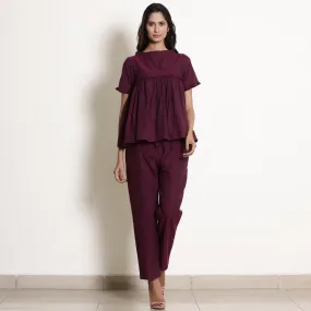 Berry Wine Warm Frilled Top and Cotton Tapered Pant Co-ord Set