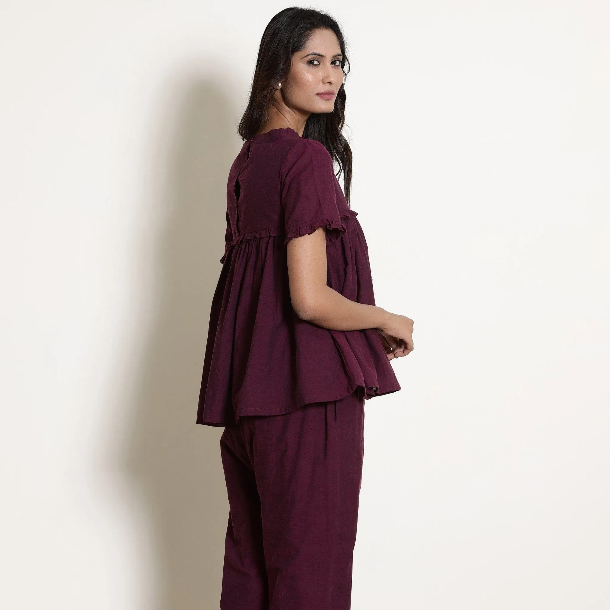 Berry Wine Warm Frilled Top and Cotton Tapered Pant Co-ord Set