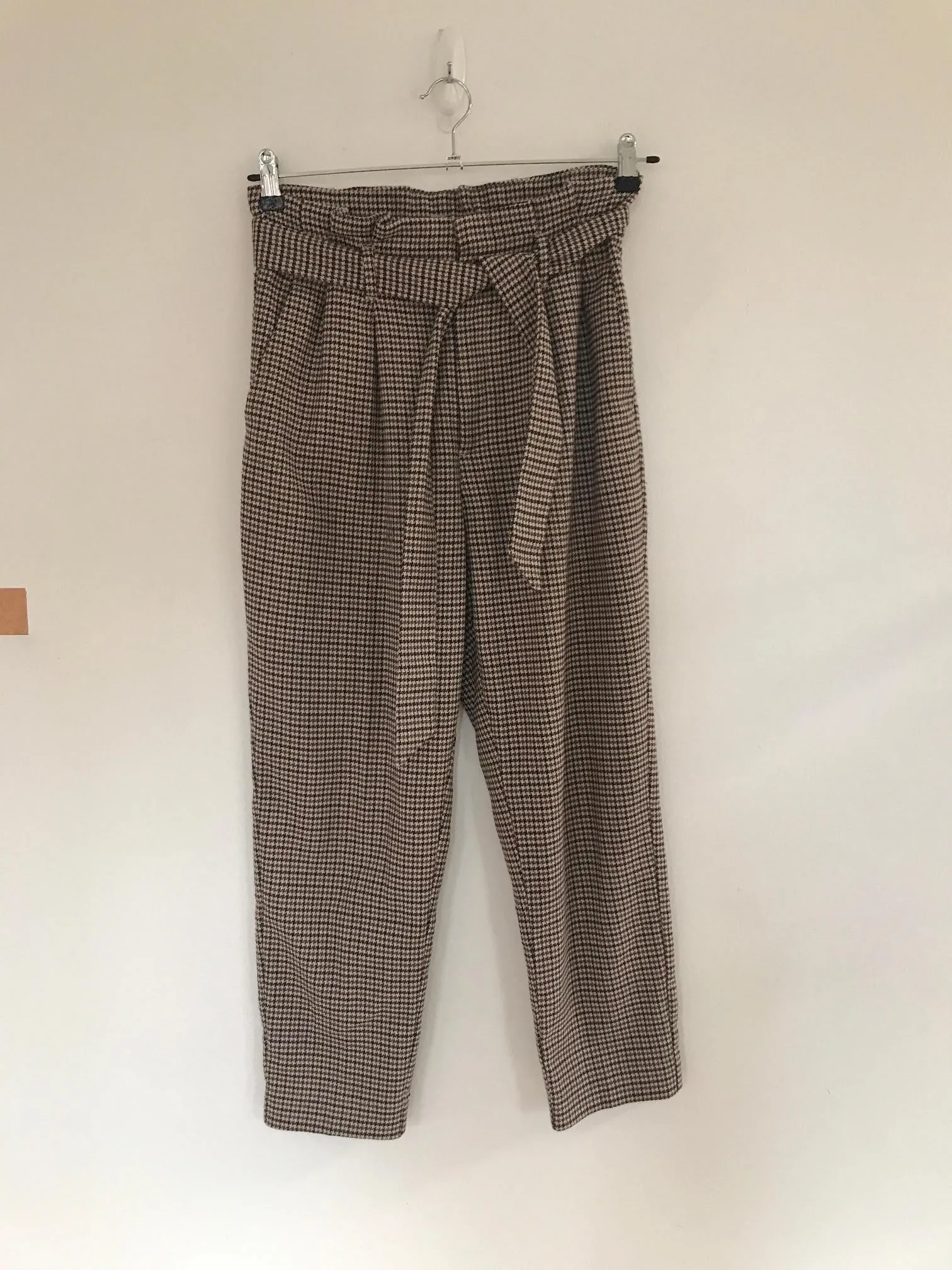 Black and Brown Houndstooth Paperbag Belted Trousers, H&M, Size 10