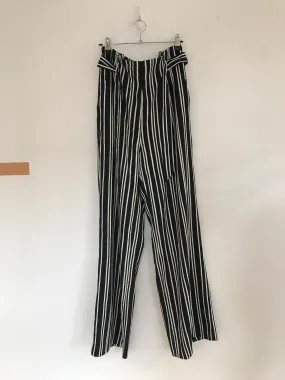 Black and White Paperbag Belted Trousers- High Rise, H&M, Size 12 (Cotton, Polyester, Polyester)