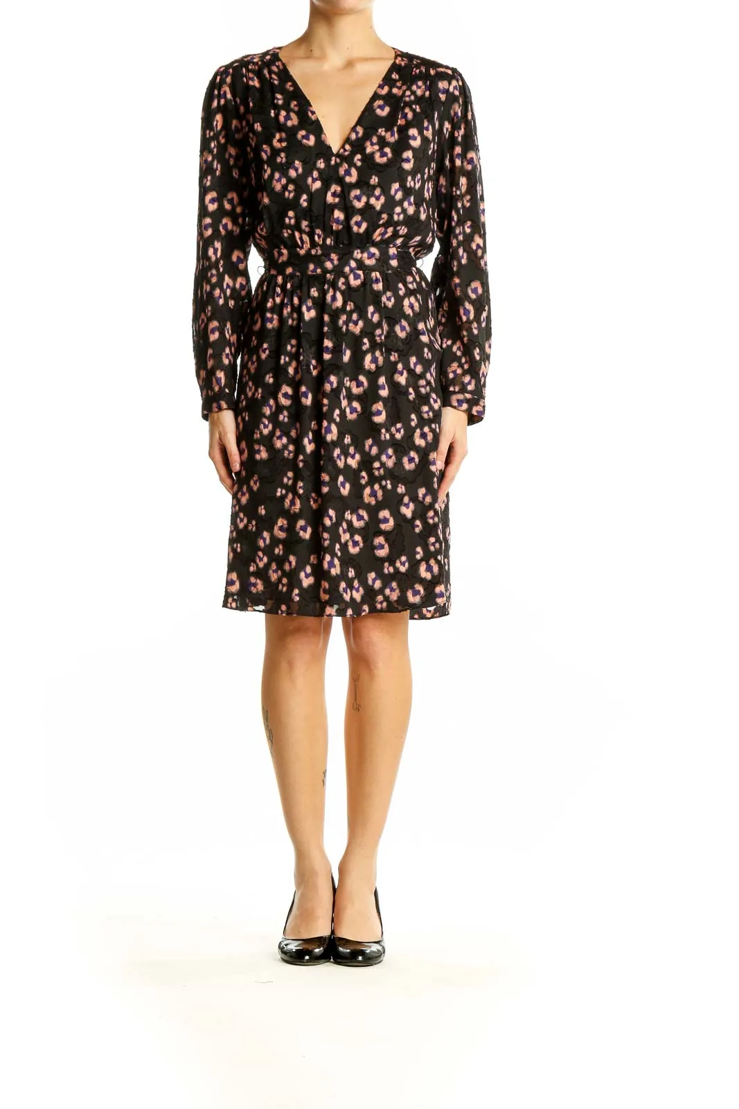 Black Floral Print Wrap Dress