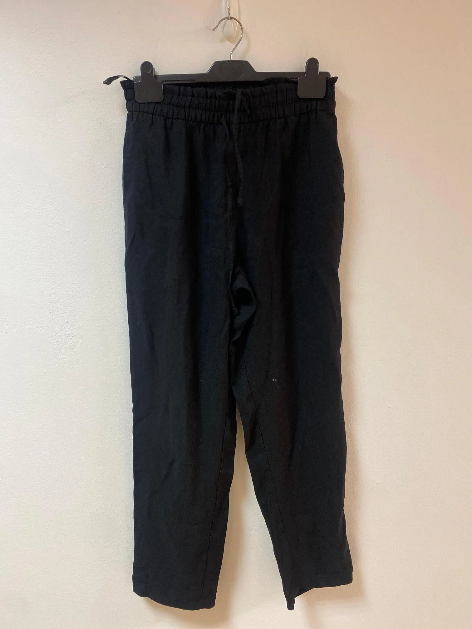 Black full length straight leg paperbag waist trousers, Primark, Size 6 (Viscose, Polyester)