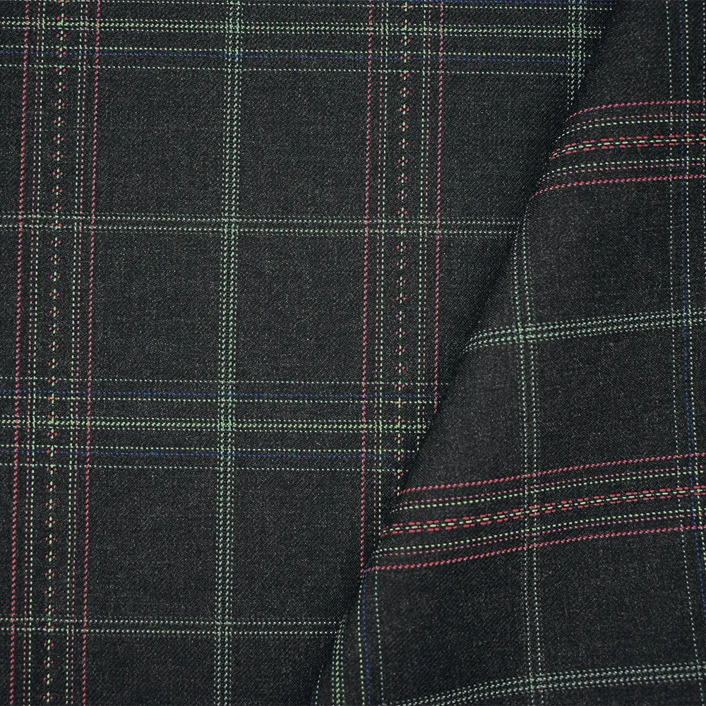 Black-Pink-Multi Wool-Poly Plaid Pattern Twill Suiting Woven Fabric