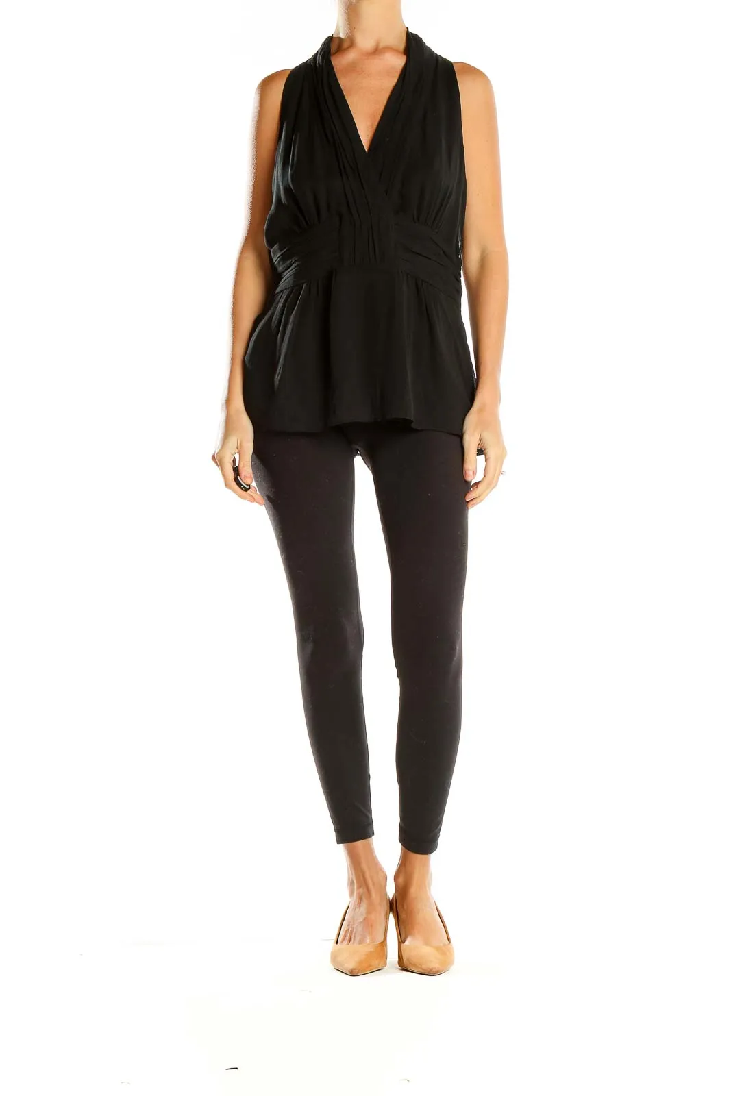 Black Sleeveless V-Neck Pleated Top