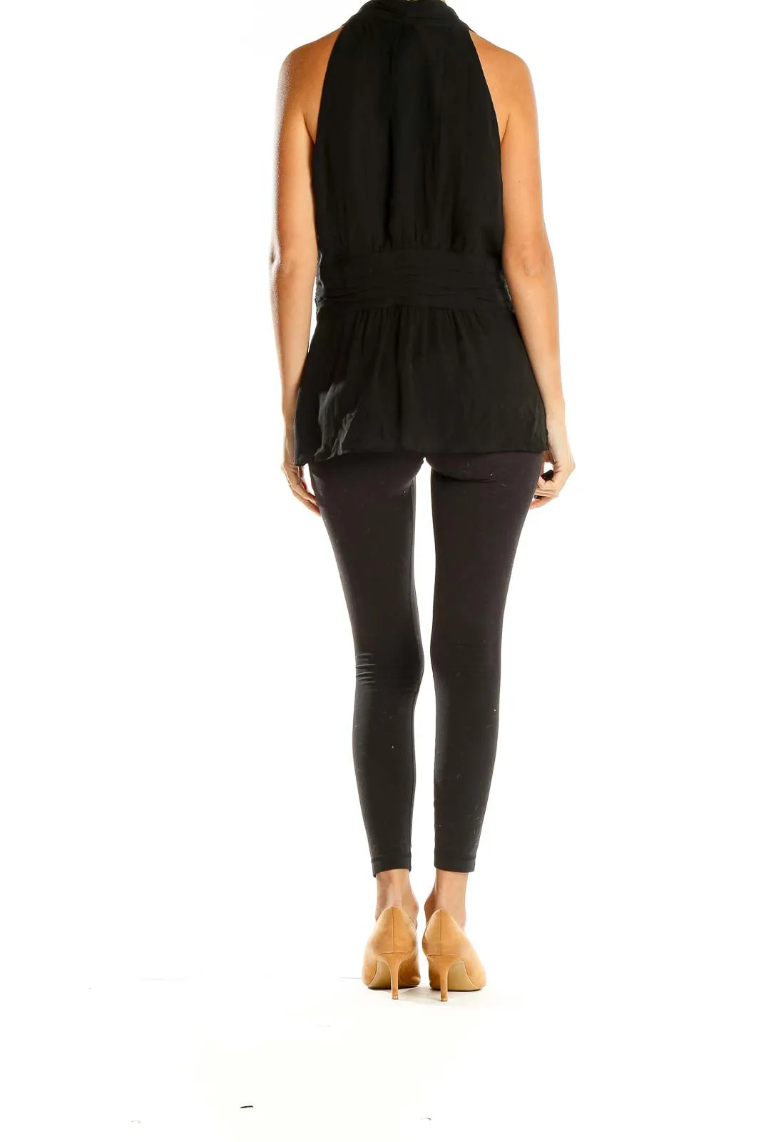 Black Sleeveless V-Neck Pleated Top