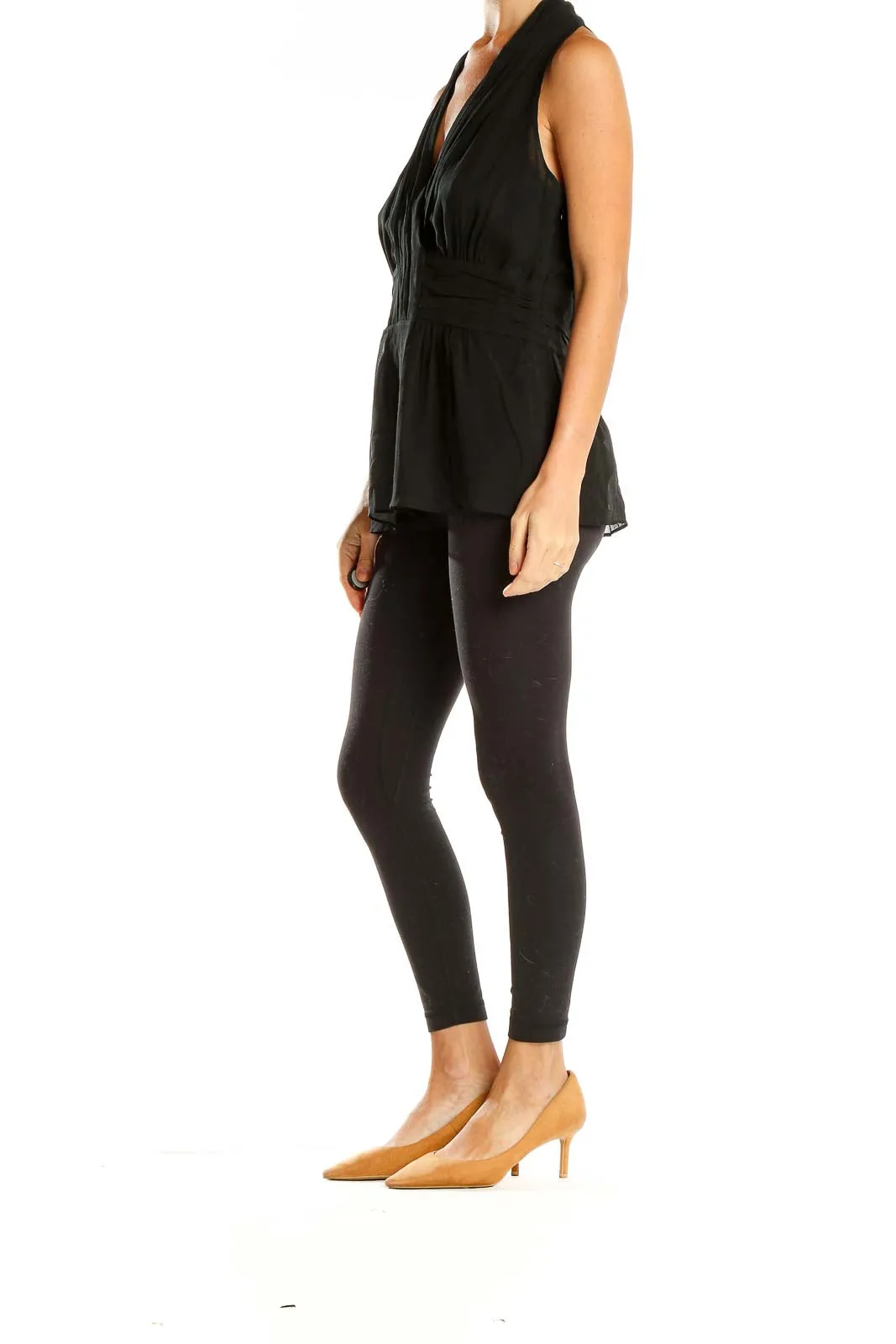 Black Sleeveless V-Neck Pleated Top