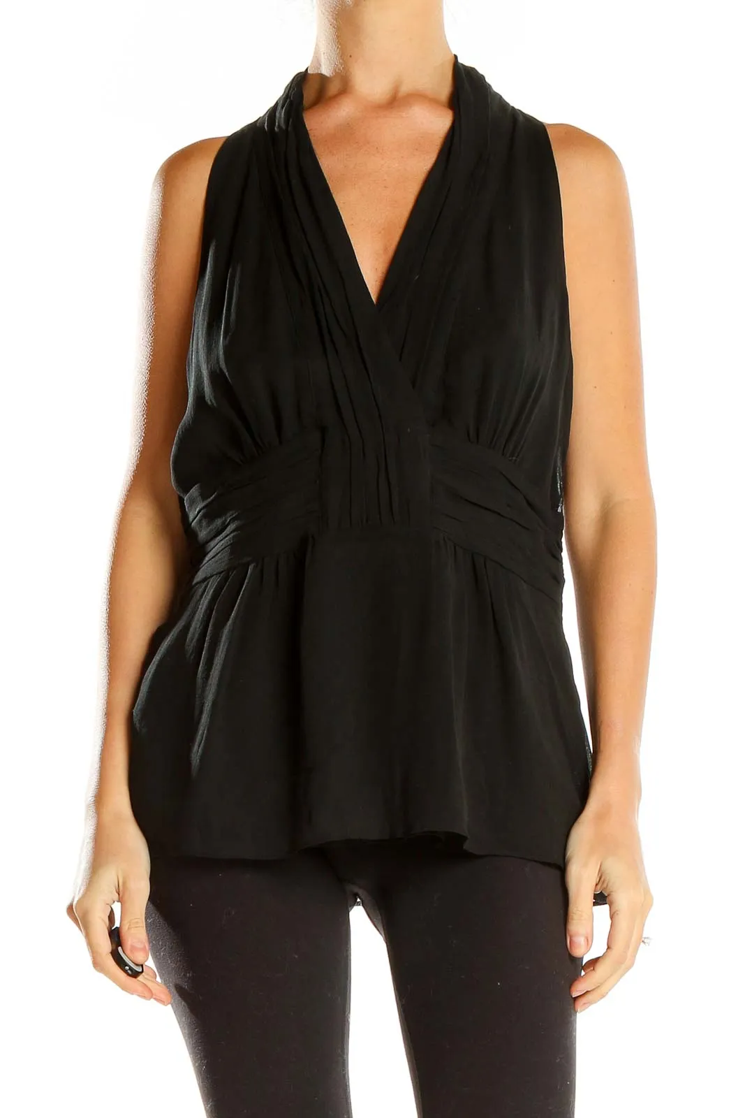 Black Sleeveless V-Neck Pleated Top