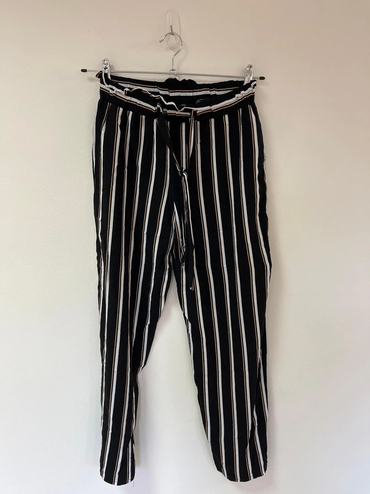 Black, white and brown striped paperbag trousers, Papaya, Size 10 (Viscose)