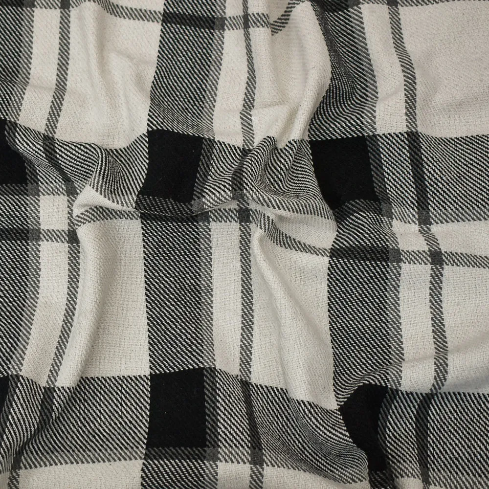 Black-White-Gray Melton Poly-Wool Single Sided Brushed Plaid Woven Fabric