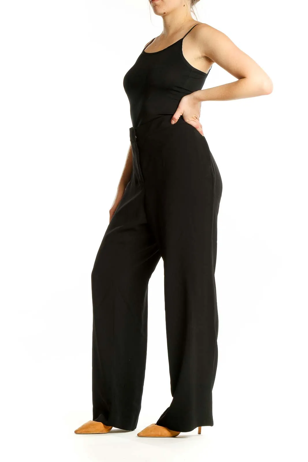 Black Wide-Leg Polyester Pants