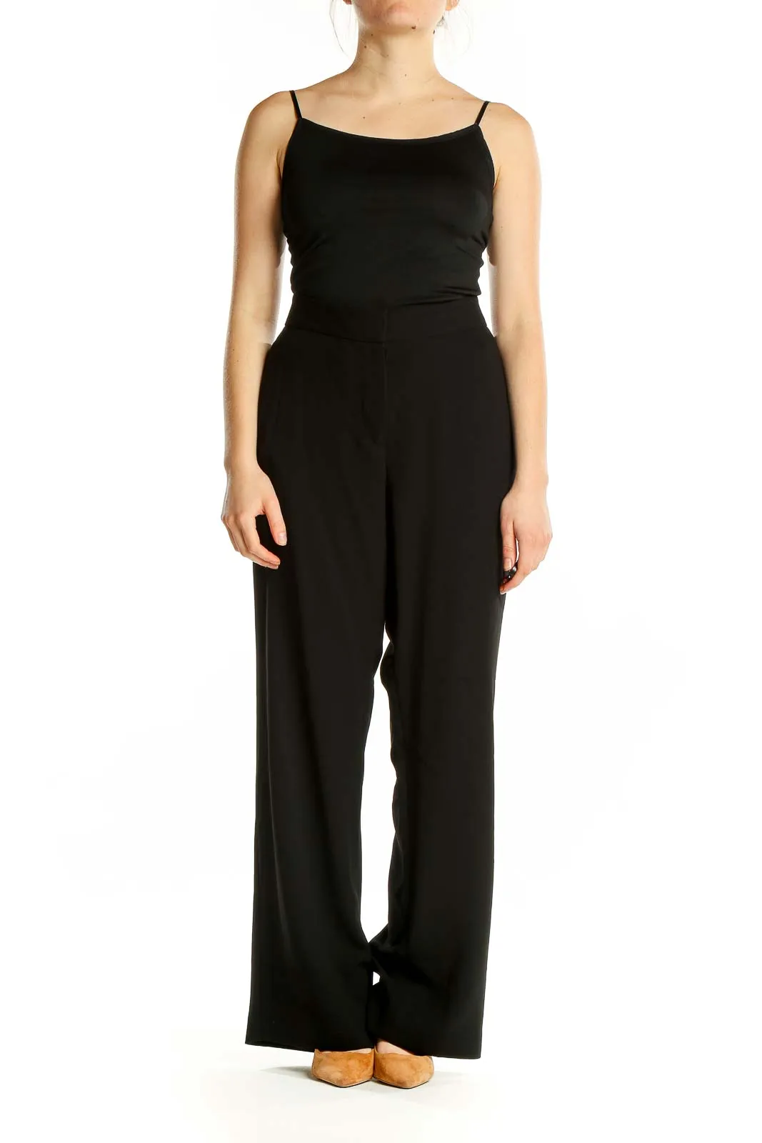 Black Wide-Leg Polyester Pants