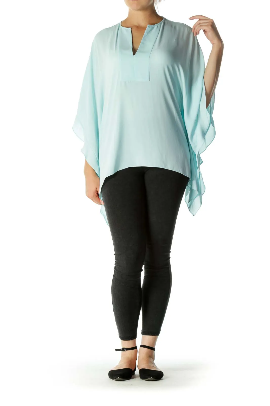 Blue Bat-Sleeve V-neck Tunic