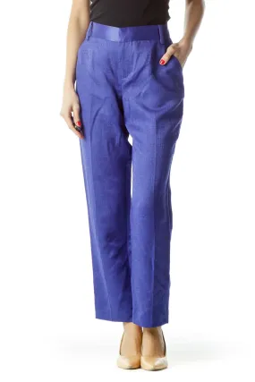 Blue Textured Pocketed Straight-Leg Pants