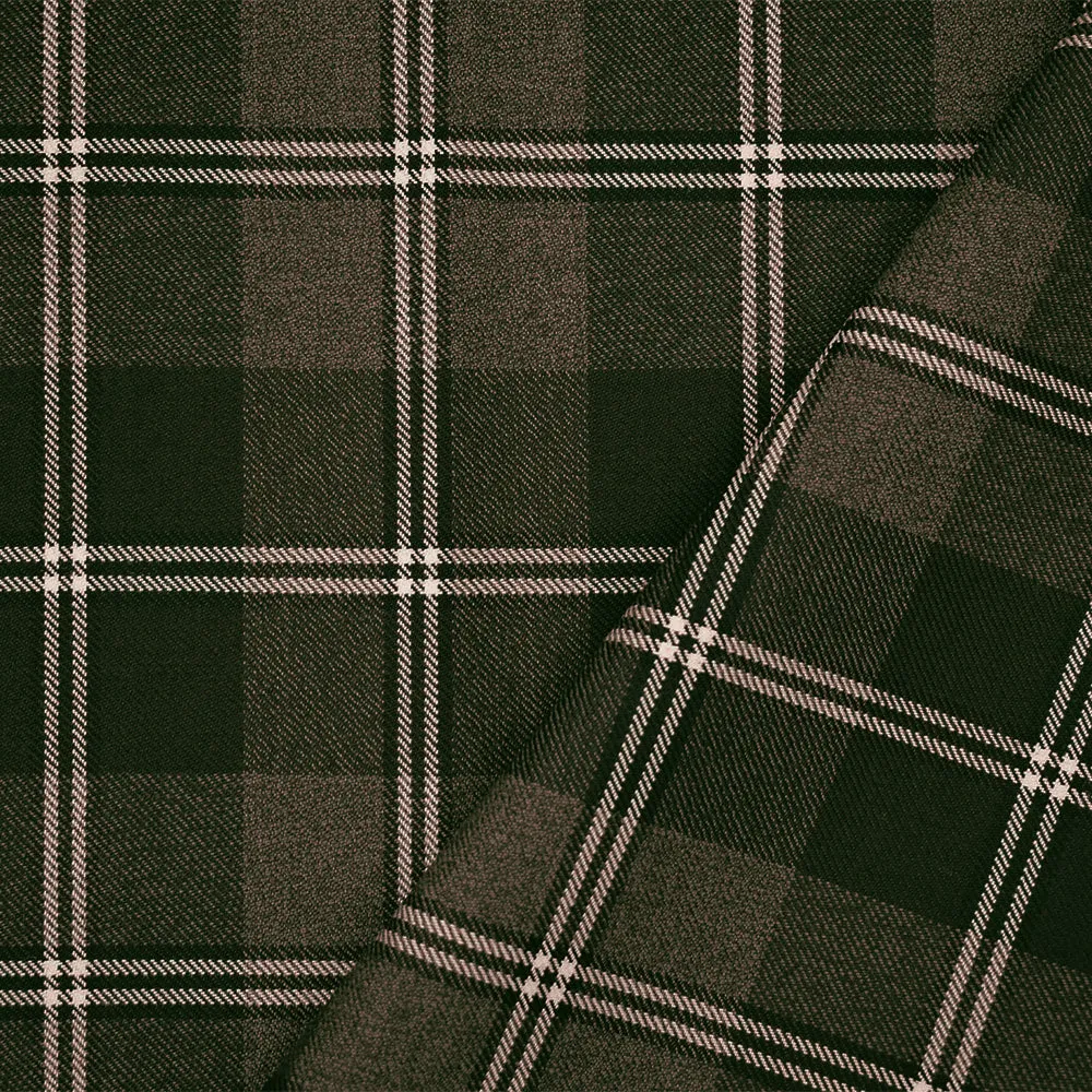 Brown-Black-White Wool Poly Plaid Woven Twill Suiting Fabric