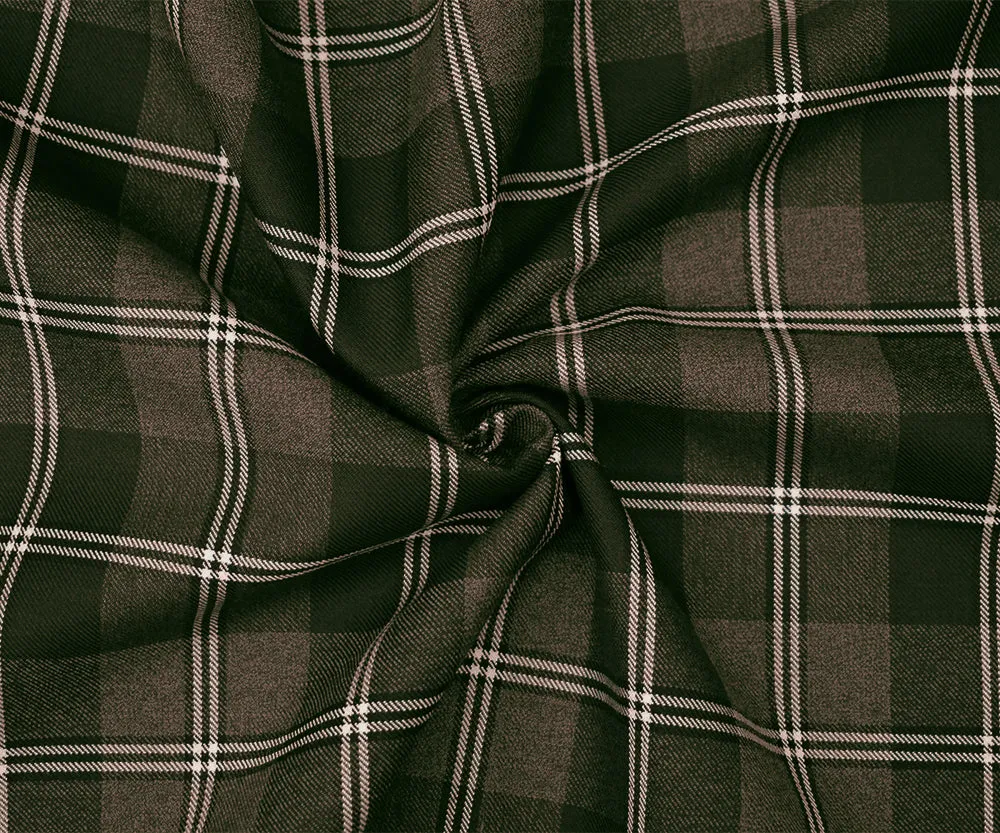 Brown-Black-White Wool Poly Plaid Woven Twill Suiting Fabric