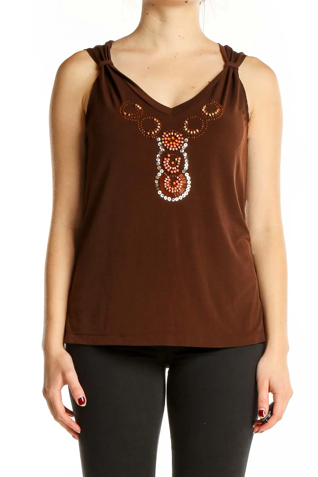 Brown Embellished V-Neck Sleeveless Top