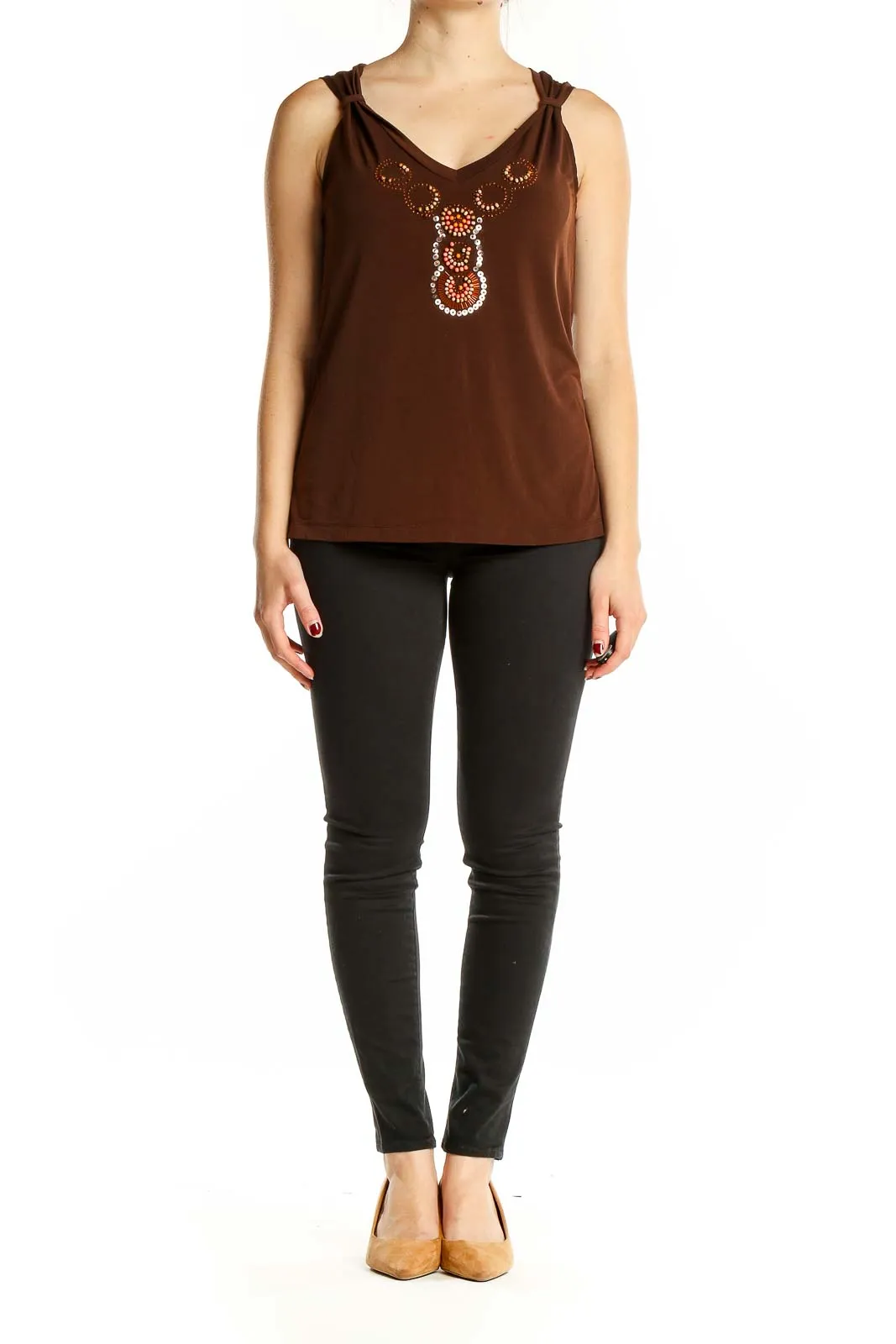 Brown Embellished V-Neck Sleeveless Top