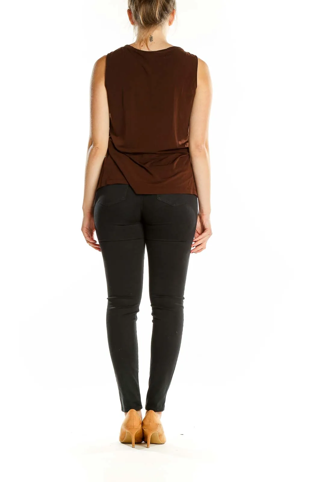 Brown Embellished V-Neck Sleeveless Top