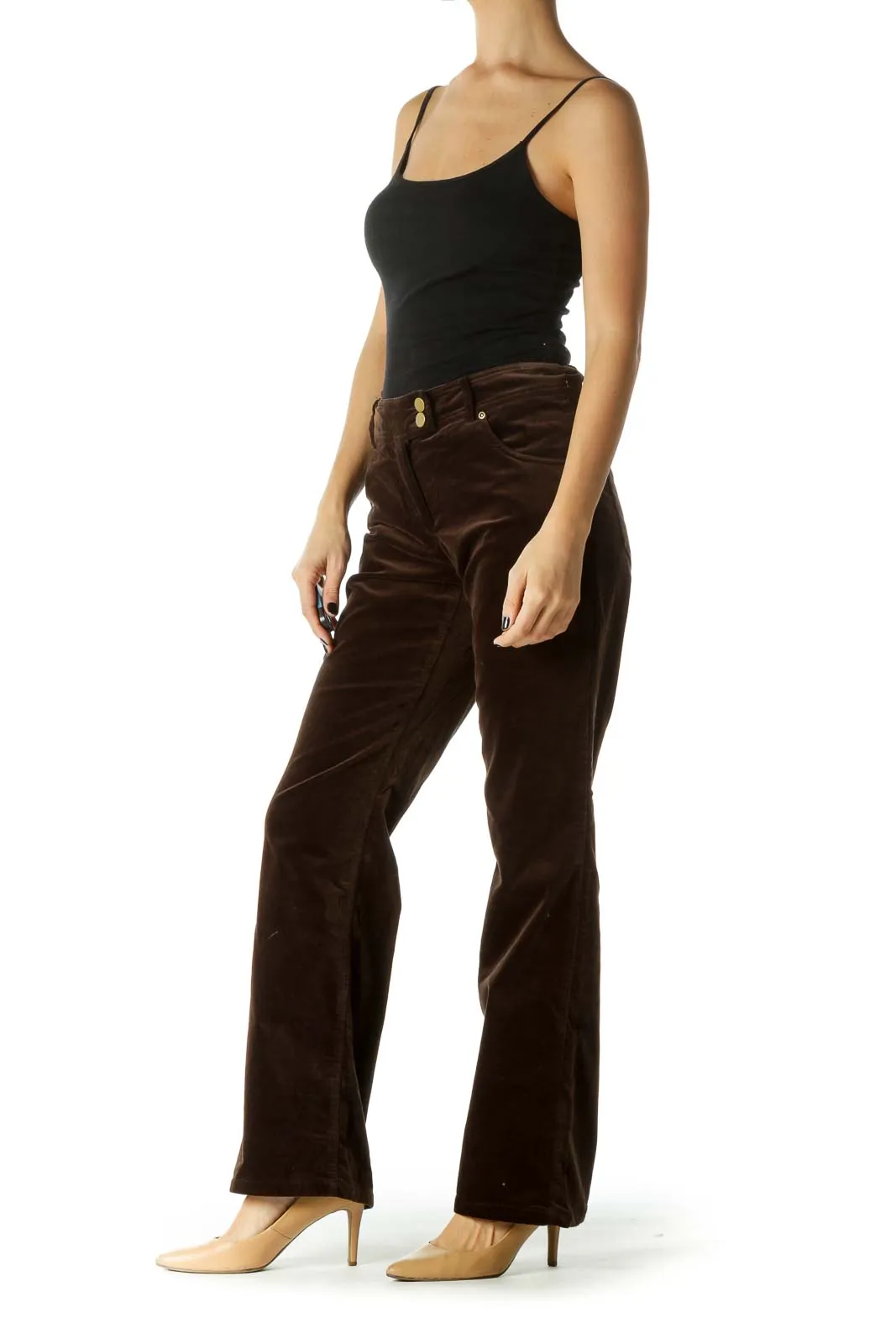 Brown Velvet Gold Hardware Straight Leg Pants