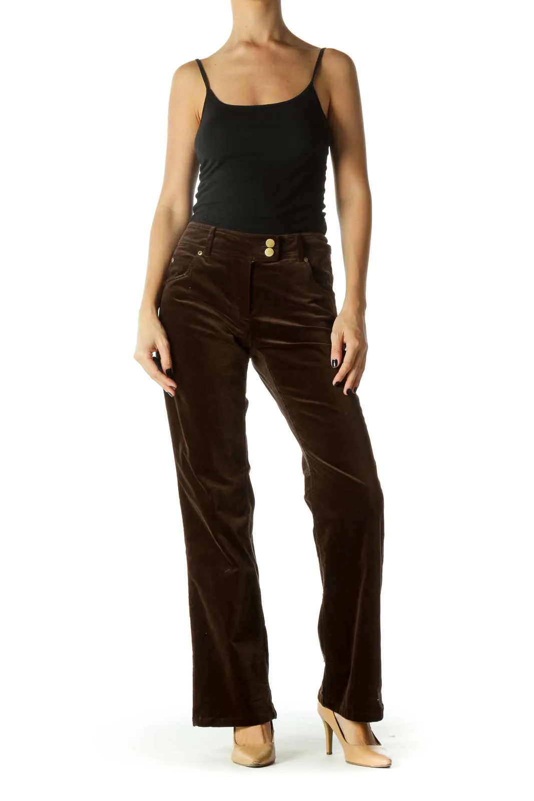 Brown Velvet Gold Hardware Straight Leg Pants