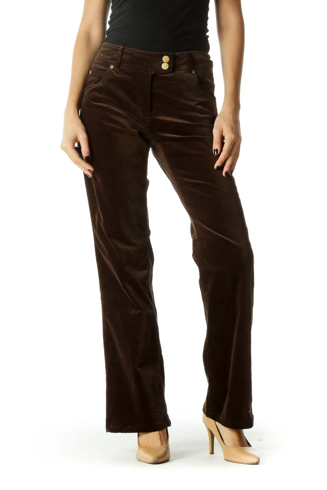 Brown Velvet Gold Hardware Straight Leg Pants