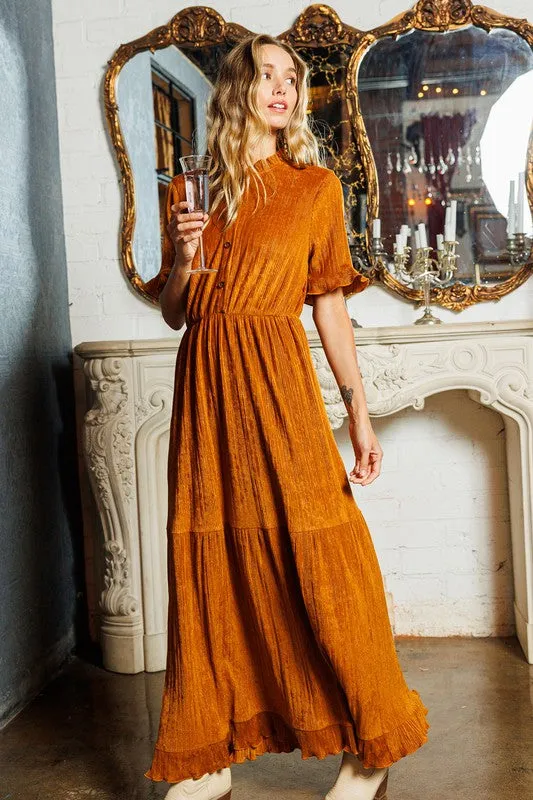 Camel Ruffle Detailed Tiered Velvet Maxi Dress