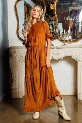 Camel Ruffle Detailed Tiered Velvet Maxi Dress