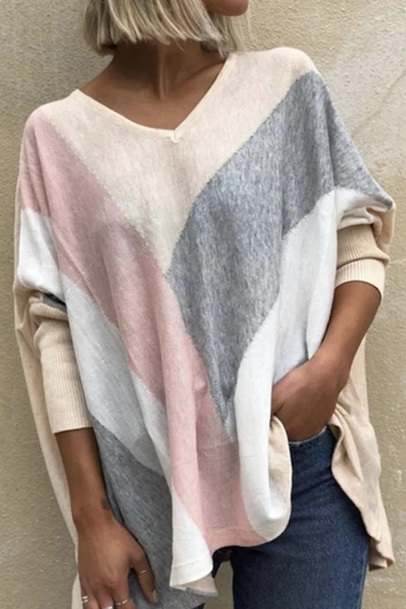 Casual Patchwork Contrast V Neck Tops