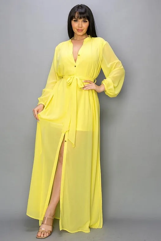 Chiffon Center Slit Button Down Maxi Dress