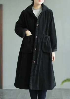 Classy Black Fine Maxi Coat Sewing Hooded Pockets Women Coats